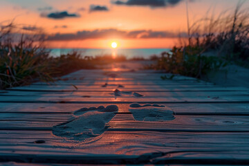 Wall Mural - Two pairs of footprints on a boardwalk, stretching towards a breathtaking sunrise.