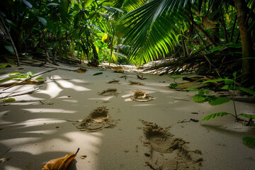 Wall Mural - Two pairs of footprints on a sandy trail, disappearing into a dense tropical jungle.