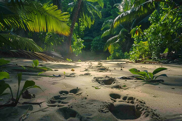 Wall Mural - Two pairs of footprints on a sandy trail, disappearing into a dense tropical jungle.