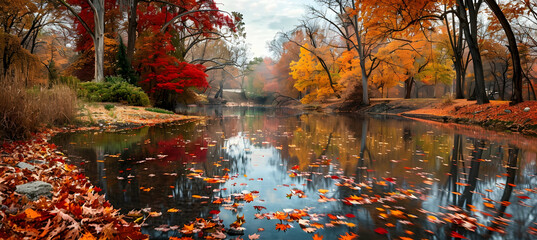 A tranquil riverbank in autumn, with fallen leaves floating on the still water and trees displaying a kaleidoscope of fall colors