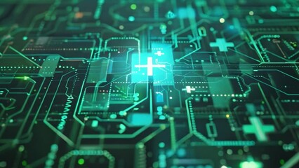 Poster - A computer circuit board featuring a prominent cross symbol, highlighting the intersection of technology and medicine