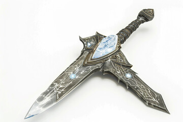 Enigmatic and mystical battle dagger with a glowing crystal embedded in the hilt and arcane symbols etched on the blade isolated on solid white background.