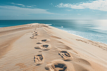 Wall Mural - Two sets of footprints on a sandy dune, with the vast ocean stretching out in the distance.