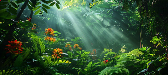A vibrant jungle scene with a dense canopy overhead, rays of sunlight piercing through to illuminate the forest floor rich with exotic flowers and ferns