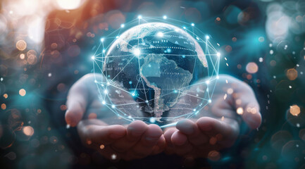 A man is holding a globe with a network of lines surrounding it. Global communication concept.