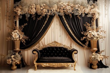 Wall Mural - Luxury wedding stage decoration. stage decoration for wedding. wedding ceremonies decoration. wedding hall decoration. elegant wedding stage with flowers.