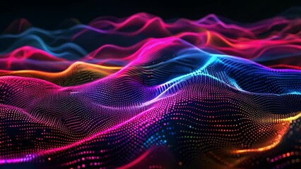 Fototapete - Colorful light waves ripple across a dark digital landscape, illustrating a sense of motion and technology.