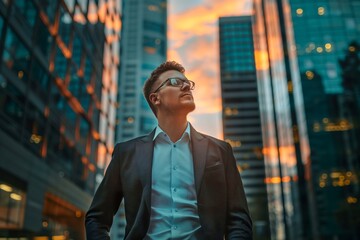 Wall Mural - Confident  wealthy rich successful business man standing in big city modern skyscrapers street on sunset thinking of successful future vision, dreaming of new investment opportunities