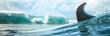 Beach surfboard fin web banner. Surfboard fin isolated against a beautiful wave background.