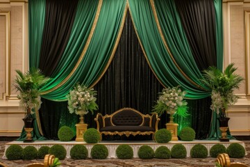 Wall Mural - Luxury wedding stage decoration. stage decoration for wedding. wedding ceremonies decoration. wedding hall decoration. elegant wedding stage with flowers.