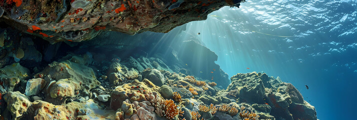 Wall Mural - Close-up of the unique rock formations and marine flora at the continental shelf's edge, under clear blue water illuminated by natural sunlight