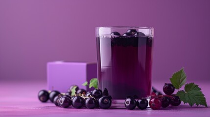 A glass of blackcurrant juice, blackcurrants floating, beside a simple purple juice box on a muted purple background