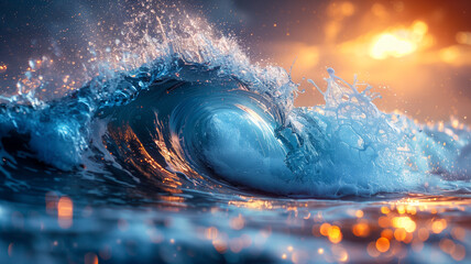 Wall Mural - a wave in the ocean with a sunset in the background. the water is blue and the sky is orangeeefe-46c