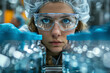 Pharmacist scientist with sanitary gloves examining medical vials on a production line conveyor belt in a pharmaceutical factory,  Concept of scientific curiosity