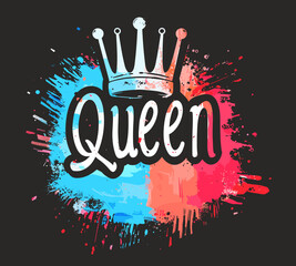 Wall Mural - Queen. Hand drawn lettering poster with crown. Vector illustration.