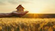 A hand is holding a small wooden house in the palm of their hand. The house is painted light brown with white trim. The background is a field of tall, golden wheat with trees and blue sky in the dista