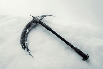 The silent threat of a battle sickle poised against a clean white canvas.