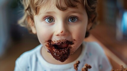 Wall Mural - Excited little kid with chocolate stained mouth enjoys in the kitchen