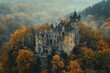 © Kanisorn - Aerial shot of a medieval castle surrounded by autumn forests, capturing historical grandeur and natural beauty, ideal for travel documentaries, historical fiction settings.