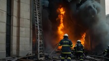 A Group Of Firefighters Is Seen Running Towards A Burning Building, Rushing To Extinguish The Raging Flames Engulfing The Structure Video Animation