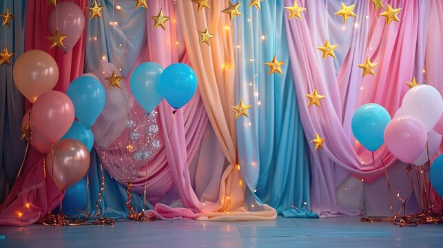 Festive party background with balloons, stars and draped curtains