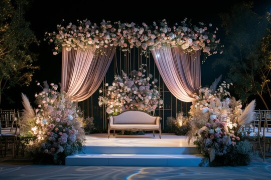 wedding stage decoration. stage decoration for wedding. wedding ceremonies decoration. wedding hall decoration. elegant wedding stage with flowers. wedding stage decoration gold theme.