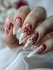 Wall Mural - Close up of womans nails with flower design in pink nail polish