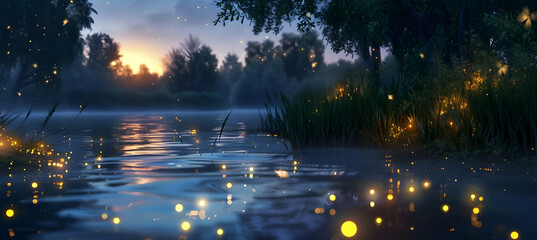 Wall Mural - Twilight at a riverbank with fireflies illuminating the area, the reflections of trees and the twilight sky creating a magical atmosphere