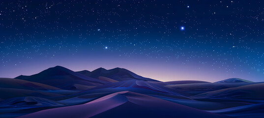 Wall Mural - Twilight over the desert with silhouetted sand dunes under a starry sky, capturing the tranquil night atmosphere