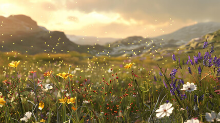 Wall Mural - Twilight over the moorlands, with the last light casting golden hues over scattered wildflowers and rugged terrain