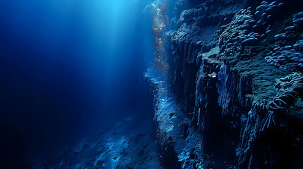 Wall Mural - Underwater cliff of a continental shelf, showing a vertical drop and the contrast between shallow water marine life and the deeper ocean's darkness