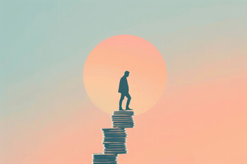 An illustration of a man walking on a pile of coins. Money and finance concept