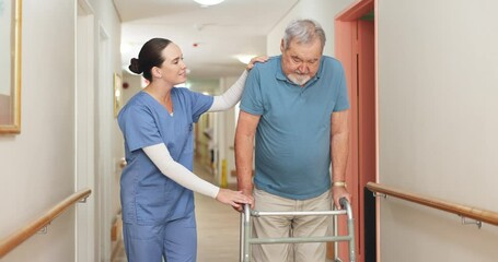 Wall Mural - Walking, hospital and nurse with senior man for help, support and care for medical service in clinic. Healthcare, caregiver and worker with patient in hallway for wellness, rehabilitation and nursing