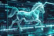 
A unicorn is running through a digital world. The image is a representation of a fantasy world, with the unicorn being the main focus. The digital world is filled with various elements
