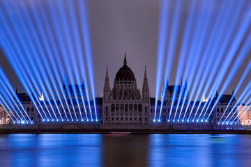 lights show in budapest. parliament building