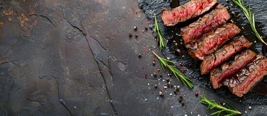 Wall Mural - Grilled beef steak slices drizzled with balsamic vinegar and sprinkled with rosemary on a stone table, captured from a top perspective with space for text.