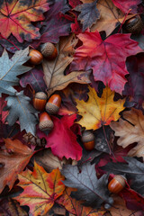 Pile of vibrant autumn leaves with acorns scattered