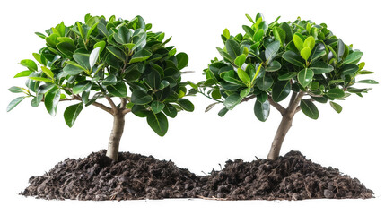 two small trees are planted in the dirt on a transparent background.