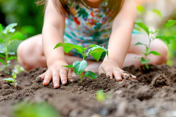 Close up of child hands Planting young tree. National tree planting day. Save Earth concept