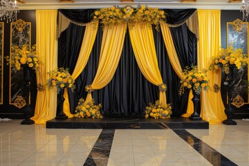 black and yellow wedding stage decoration. Luxury wedding stage decoration. stage decoration for wedding. wedding ceremonies decoration. wedding hall decoration. elegant wedding stage with flowers. 