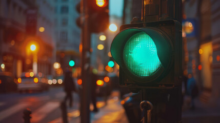 glowing green traffic light closeup with city evening backdrop