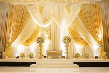 Sticker - Luxury wedding stage decoration. stage decoration for wedding. wedding ceremonies decoration. wedding hall decoration. elegant wedding stage with flowers. wedding stage decoration gold theme.