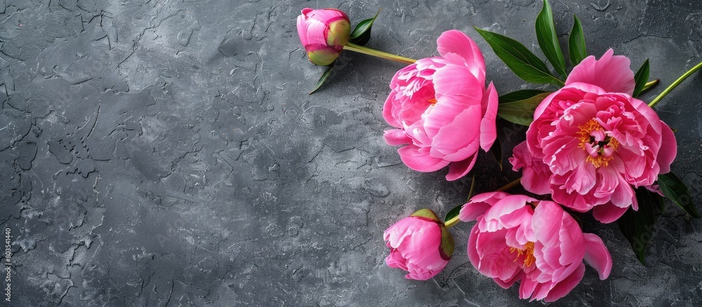 Pink peony flowers displayed on a grey stone surface with space ...