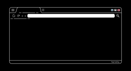 Wall Mural - Abstract internet browser webpage vector on black background with web design icons. Editable lines web browser homepage mockup background illustration. 