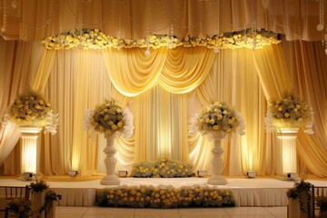 Wall Mural - Luxury wedding stage decoration. stage decoration for wedding. wedding ceremonies decoration. wedding hall decoration. elegant wedding stage with flowers. wedding stage decoration gold theme.