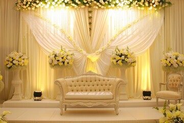 Sticker - Luxury wedding stage decoration. stage decoration for wedding. wedding ceremonies decoration. wedding hall decoration. elegant wedding stage with flowers. wedding stage decoration gold theme.