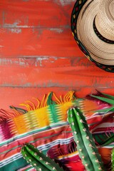 Wall Mural - Cactuses, poncho and traditional mexican sombrero hat on bright colorful background. Cinco de Mayo. Viva Mexico. Traditional latin holiday, party, fiesta creative concept. Flat lay with copy space