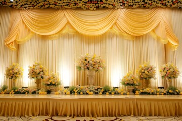 Luxury wedding stage decoration. stage decoration for wedding. wedding ceremonies decoration. wedding hall decoration. elegant wedding stage with flowers. wedding stage decoration gold theme.