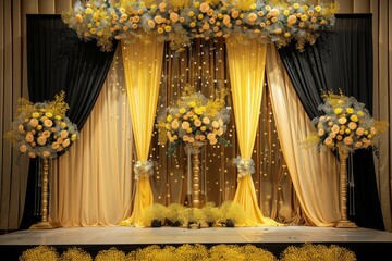 Wall Mural - Luxury wedding stage decoration. stage decoration for wedding. wedding ceremonies decoration. wedding hall decoration. elegant wedding stage with flowers. black and yellow wedding stage decoration.
