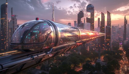 Poster - Efficient transportation, futuristic trains merging with cityscape